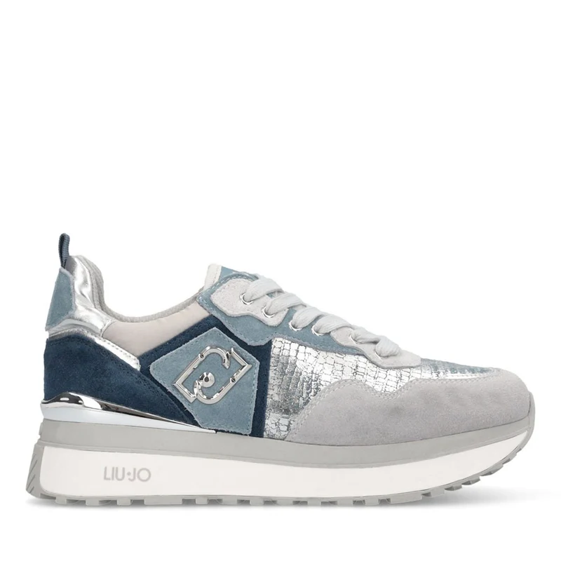 Sneakers Platform Donna LIU JO Maxi Wonder 01 in Suede Blu e Inserti Laminati Silver