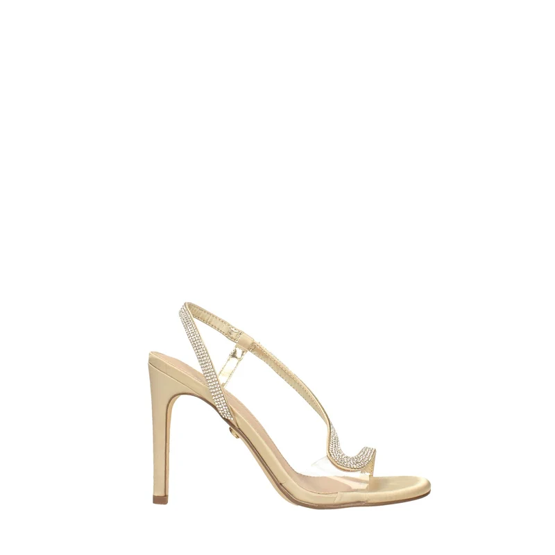 Sandali in tessuto con strass e inserto in PVC. Tacco alto 10.5cm