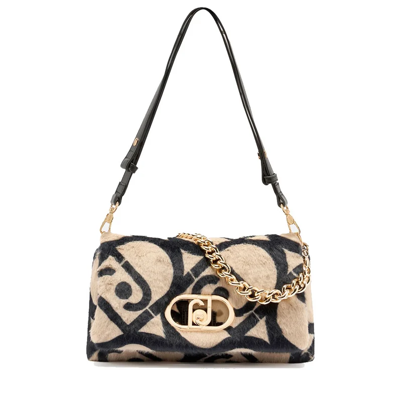 Borsa a Spalla Media LIU JO linea LaPuffy in Pelliccia Sintetica Beige con Logo All Over