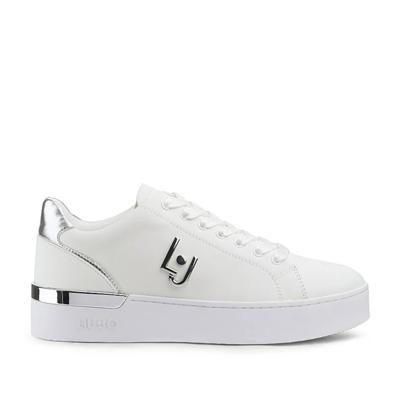 Scarpe Donna LIU JO Sneakers Silvia 01 in Pelle Bianca con Logo e Dettaglio Silver