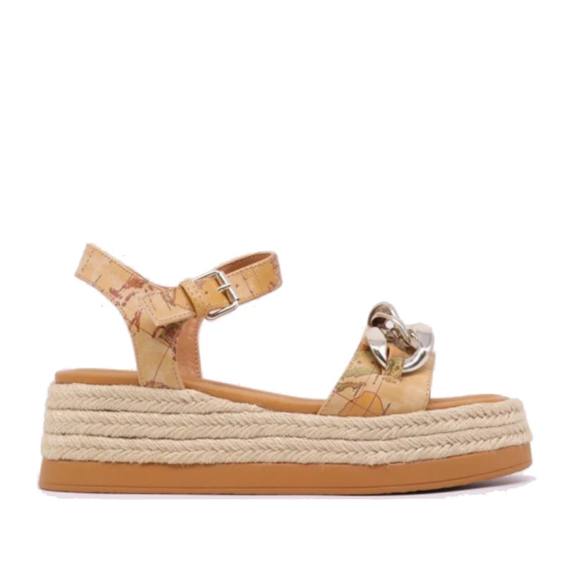 Scarpe Donna 1A Classe Alviero Martini Sandali con Zeppa stampa Geo Classic con Catena Gioiello 0506