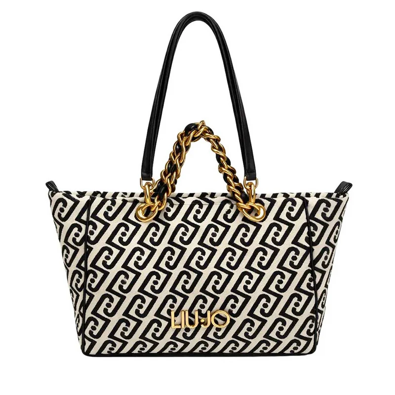 Shopping Bag Media Donna LIU JO in Tessuto Jacquard Bianco e Nero con Logo Monogram