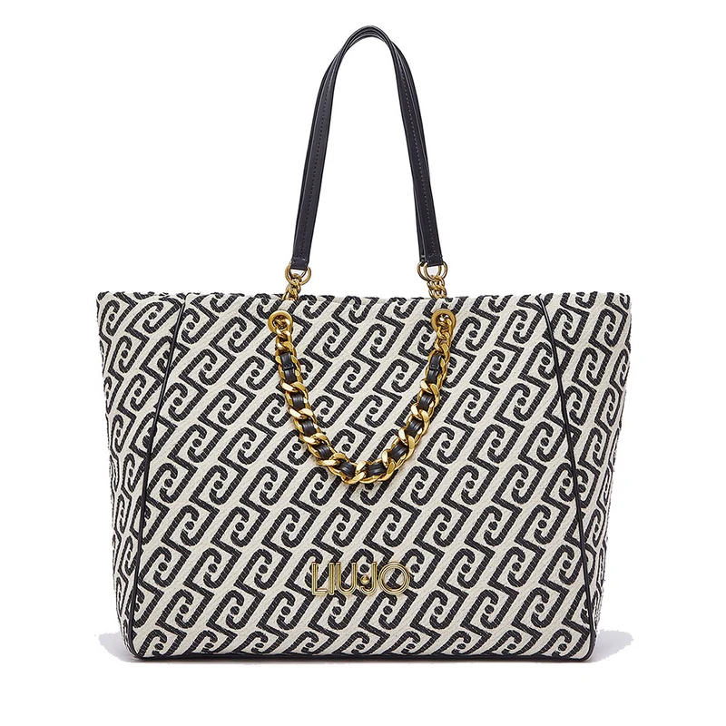 Shopping Bag Large Donna LIU JO in Tessuto Jacquard Bianco e Nero con Logo Monogram