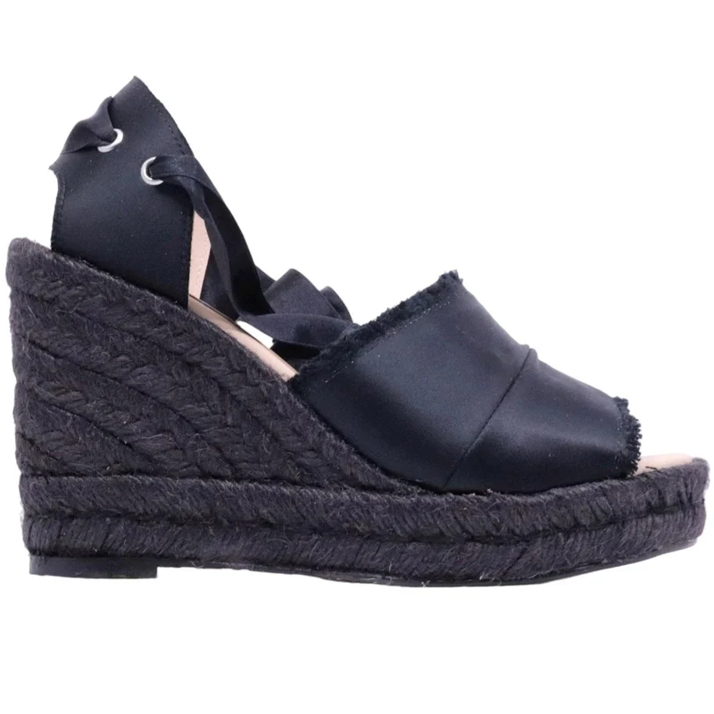 Sandalo zeppa Ras 7501 in corda e tessuto nero