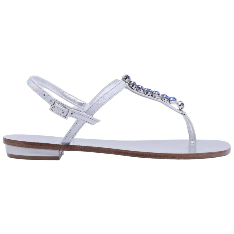 Sandalo infradito 3131C Paolo Ferrara in pelle argento e pietre color blu zaffiro