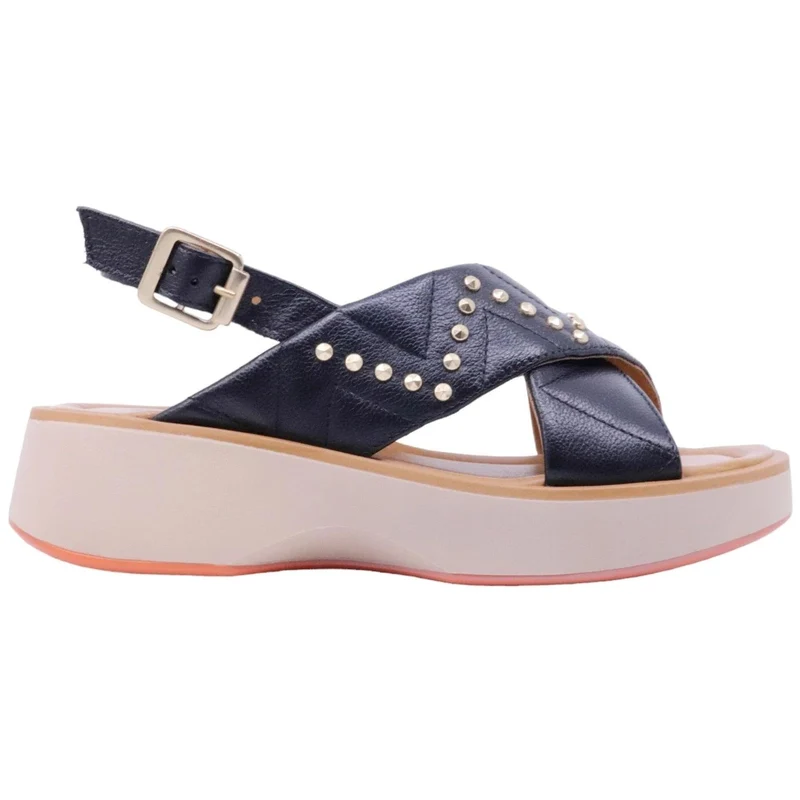 Sandalo zeppa Mjus T99002 in pelle nera con brochie oro
