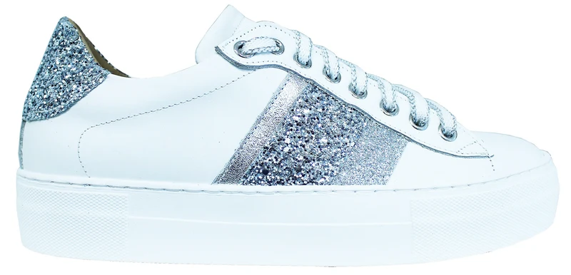 |ACS SNEAKER DONNA CROWN PELLE BIANCA GLITTER ARGENTO|