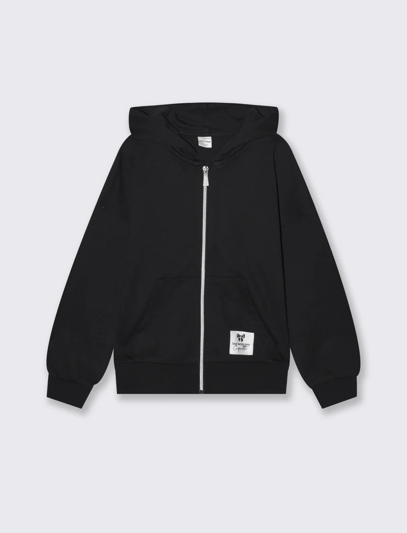 Felpa in french terry con zip e cappuccio - Nero