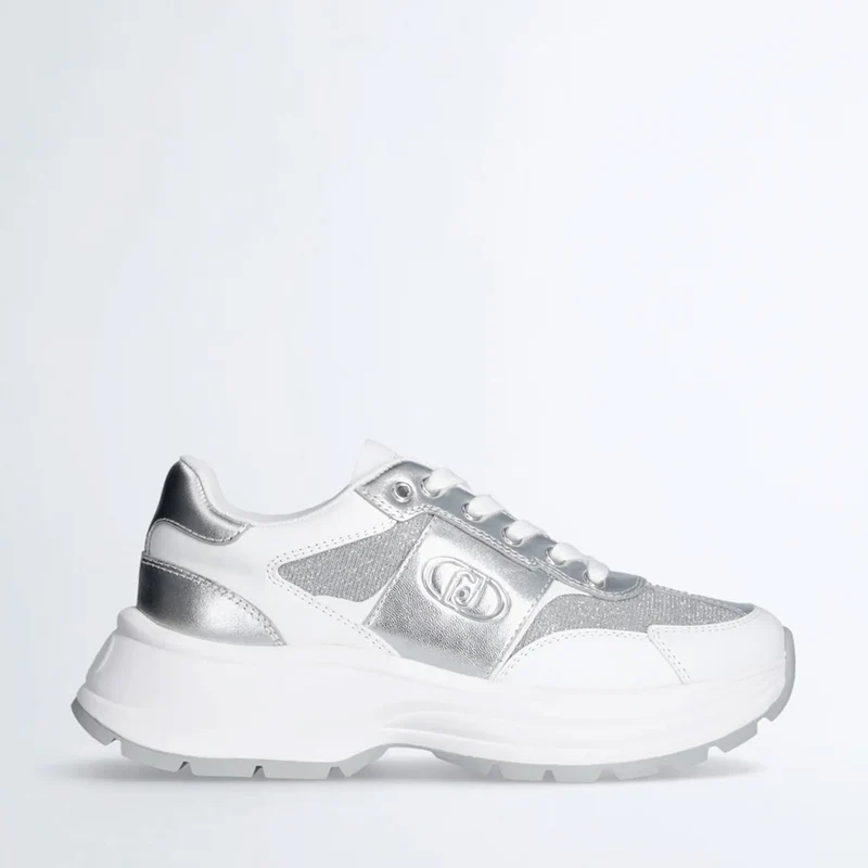 Sneakers Running LIU JO Eva 20 in Pelle Bianca e Lurex Argento
