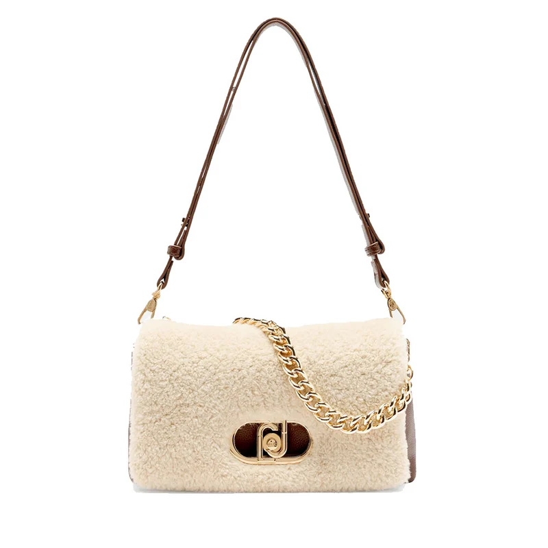 Borsa a Spalla Media LIU JO linea LaPuffy effetto Bottalato Moro Light con Inserti in Teddy Bianco