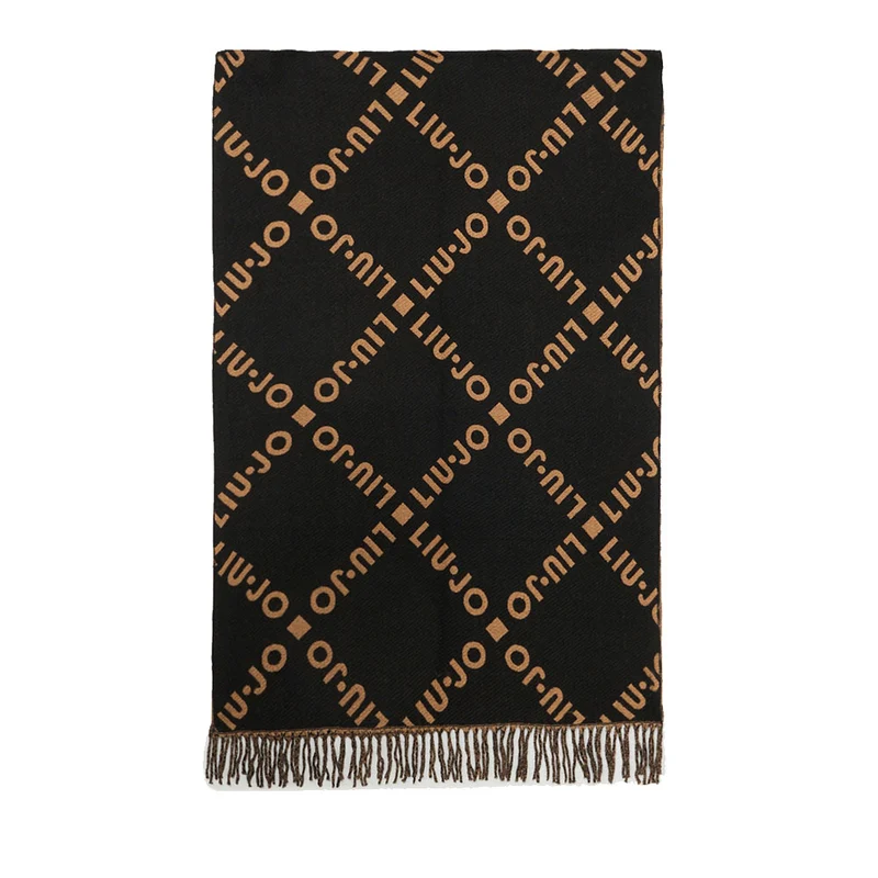 Stola Donna 70 x 180 cm LIU JO in Tessuto Nero con Logo Jacquard e Frange