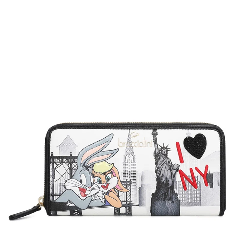 Portafoglio Donna Zip Around BRACCIALINI linea Cartoline LT Nero stampa Bugs e Lola Bunny