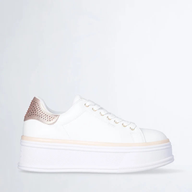 Sneakers Platform LIU JO Selma 16 in Pelle Bianca con Inserto in Raso Cipria con Strass