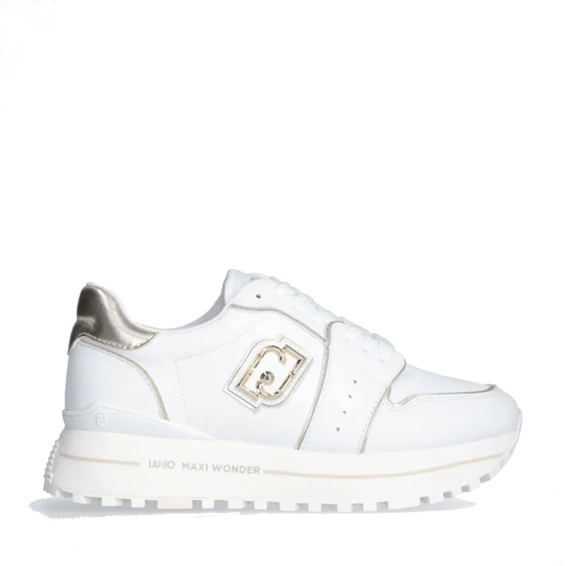 Sneakers Platform Donna LIU JO Maxi Wonder 85 in Pelle Bianca con Inserti Laminati Oro