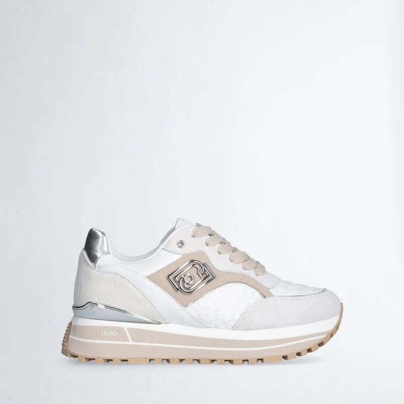 Sneakers Platform Donna LIU JO Maxi Wonder 73 in Suede e Ricamo Floreale Off White