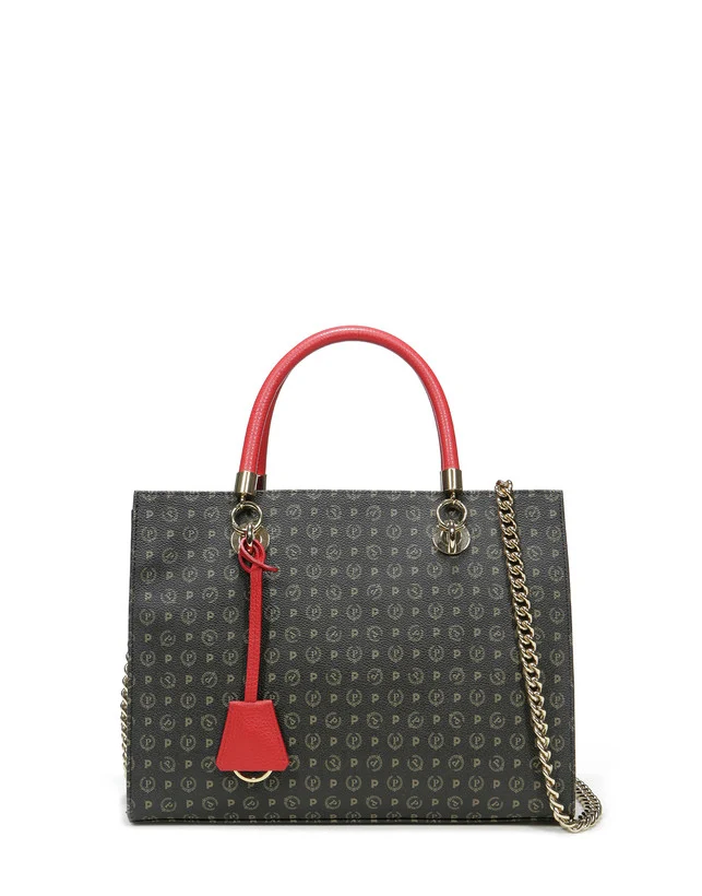 Borsa Donna a Mano con Tracolla POLLINI linea Heritage Logo Classic Nero e Lacca