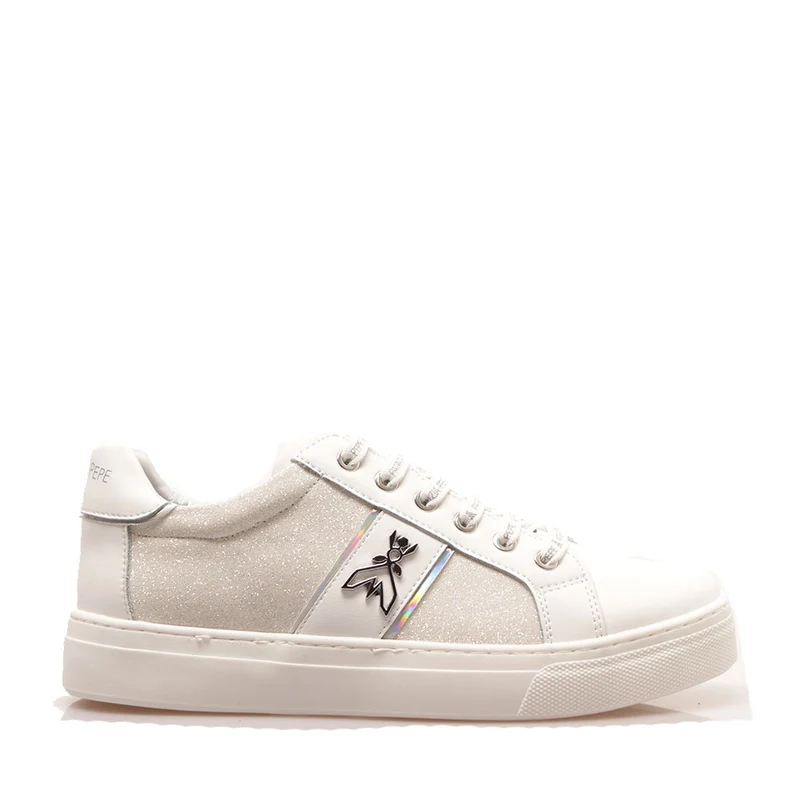 Sneakers Platform PATRIZIA PEPE Girl linea Flyglitter in Pelle e Glitter Bianco Argento