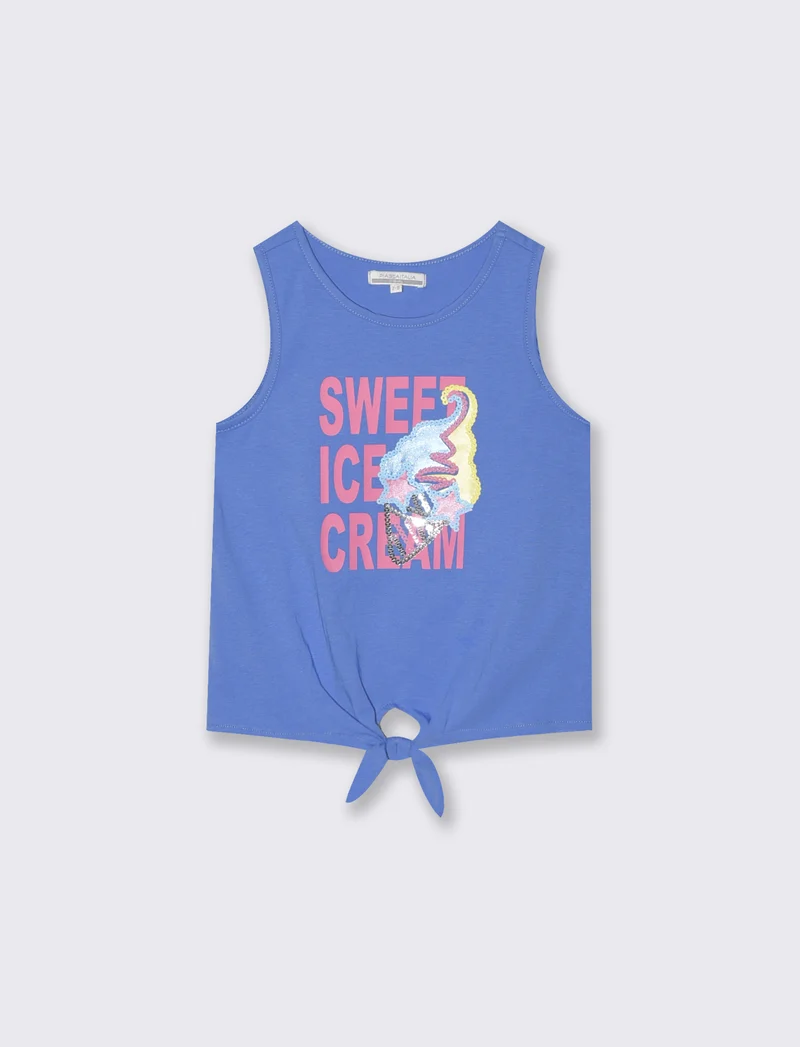 Canotta in cotone con nodo e stampa - Azzurro cielo