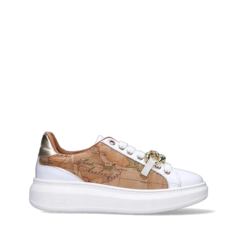 Sneakers Platform 1A Classe Alviero Martini in Pelle Bianca con Inserti Geo Beige e Catena Gioiello 1025