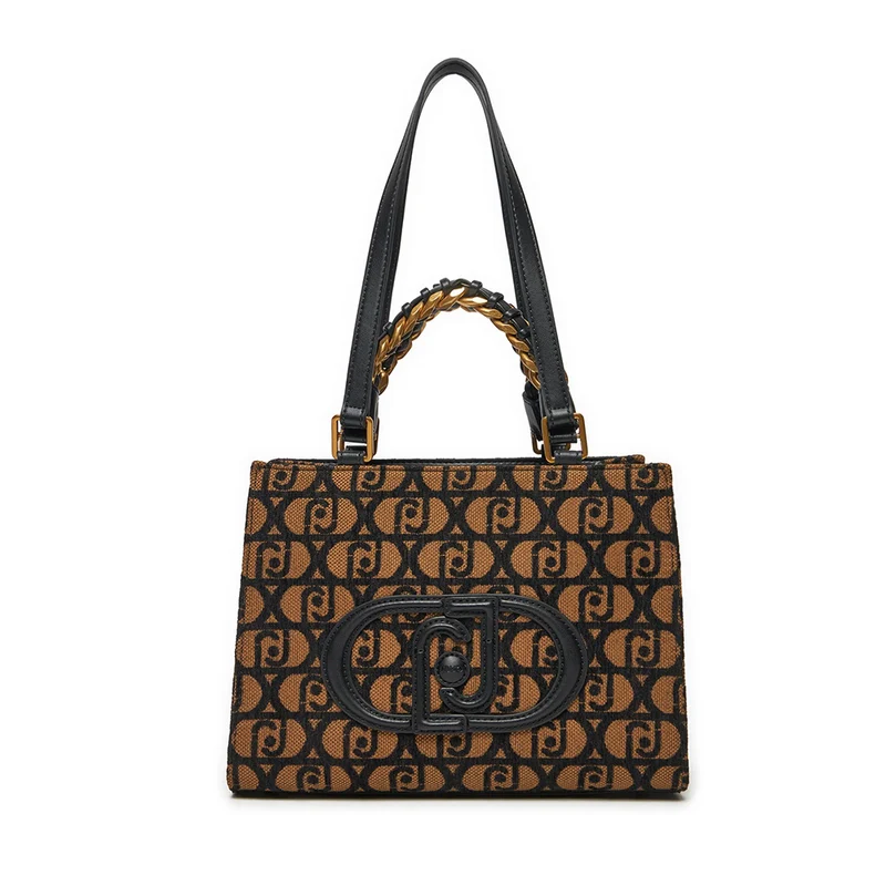 Shopping Bag a Mano e a Spalla LIU JO in Tessuto Jacquard Marrone con Logo All Over