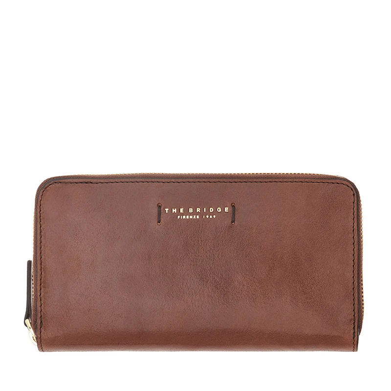 Portafoglio Donna Zip Around THE BRIDGE in Pelle Marrone linea Bianca