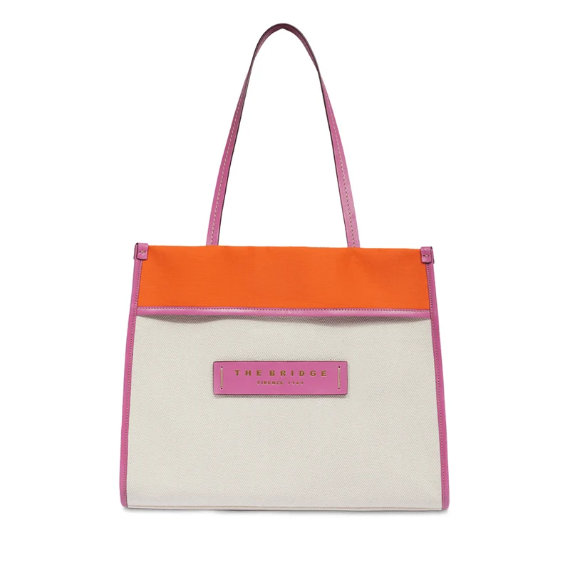 Shopping Bag THE BRIDGE linea Elisa in Cotone e Pelle Naturale Arancione e Rosa