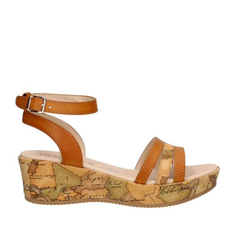 Scarpe Donna 1A Classe Alviero Martini Sandali con Zeppa in Pelle Marrone con Dettagli Geo Classic 0955