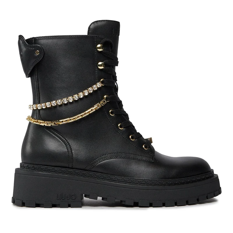Scarpe Donna LIU JO Rumi 11 Anfibi in Pelle Nera con Catena Gioiello