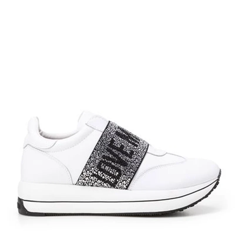 Scarpe Donna LOVE MOSCHINO Sneakers Running Slip On in Pelle Bianca con Fascia con Strass