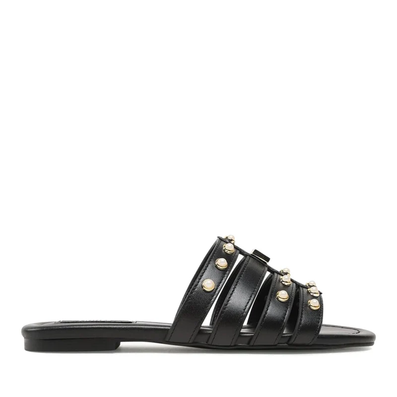 Scarpe Donna LIU JO Rachele 07 Ciabattine Flat in Pelle Nera con Perle Gioiello