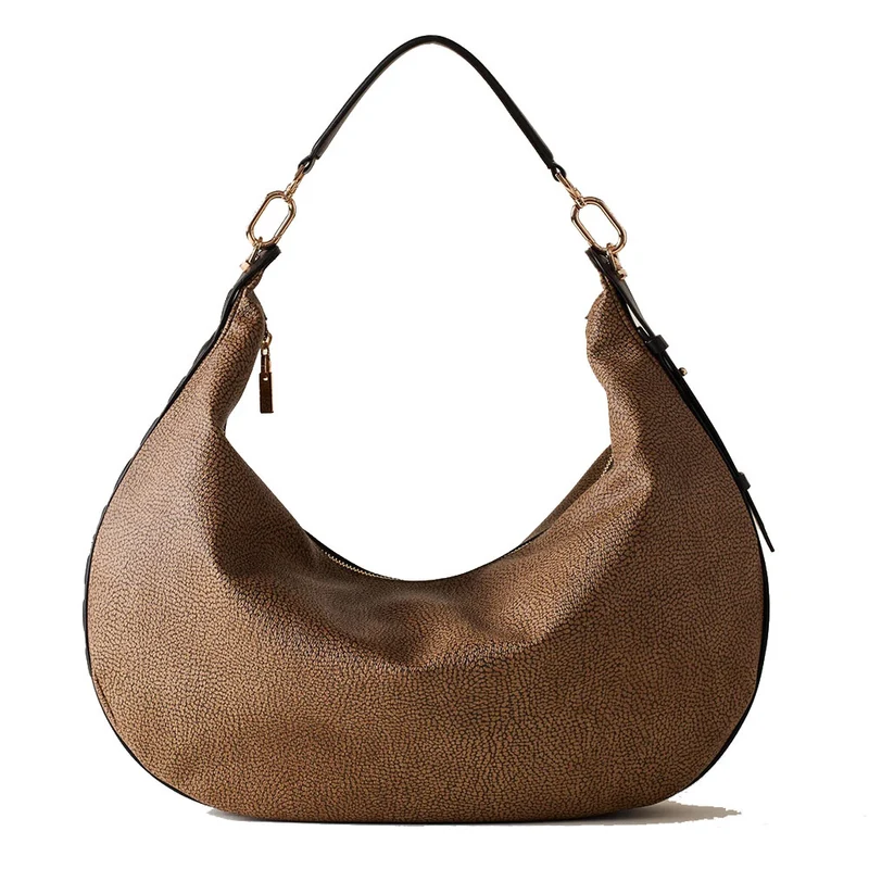 Borsa Donna Hobo Large BORBONESE linea Oyster Graffiti in Tela Rivestita e Pelle OP Naturale e Nero