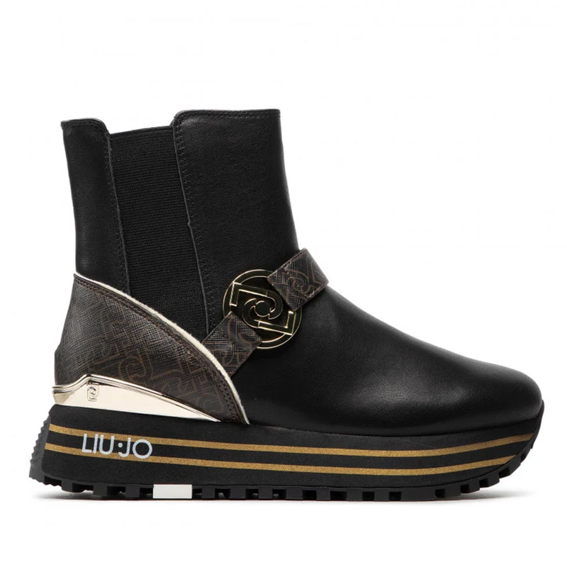 Scarpe Donna LIU JO Sneakers Boot Wonder 49 in Pelle Nera con Inserti Monogram Marrone