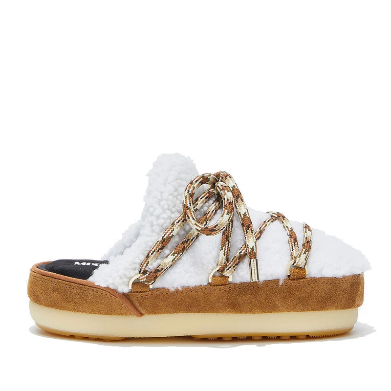 Scarpe da Neve Donna MOON BOOT Icon Mule LAB69 in Shearling Nocciola e Off White