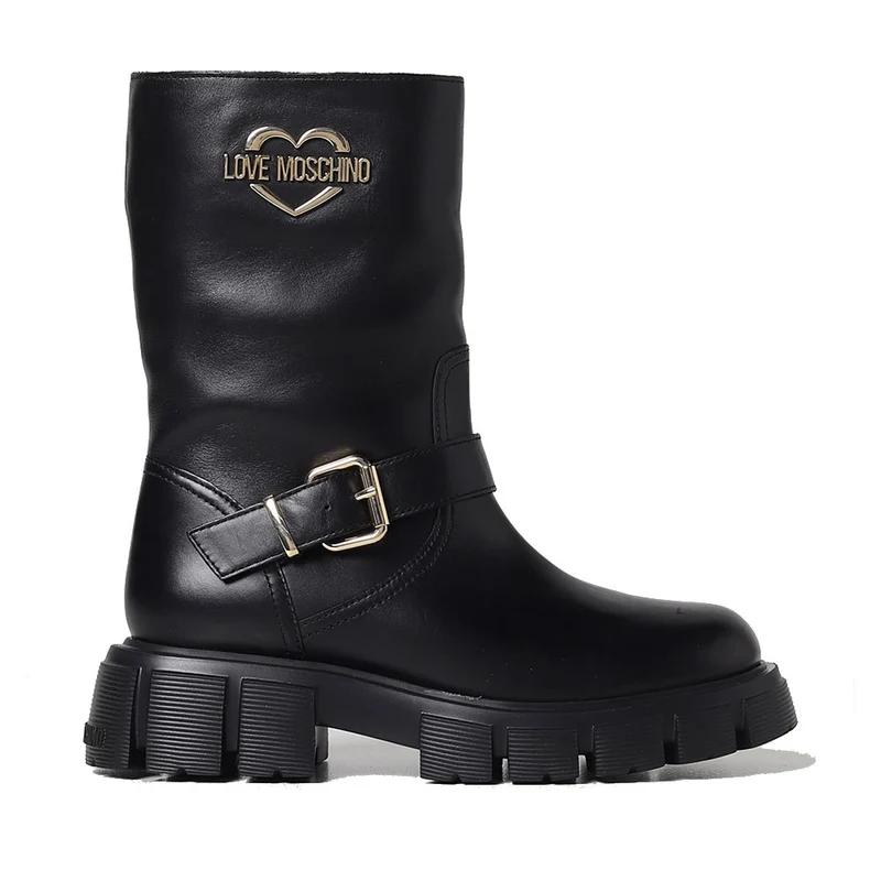 Scarpe Donna LOVE MOSCHINO Stivaletti Biker in Pelle Nera linea Gold Metal