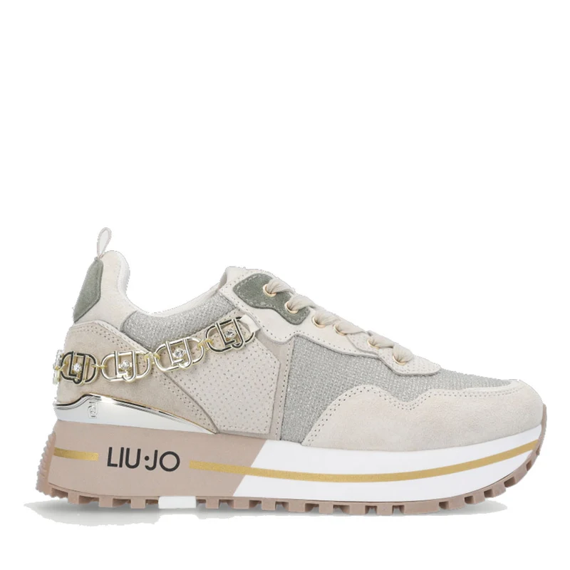 Scarpe Donna LIU JO Sneakers Platform Wonder 01 in Suede e Mesh con Catena Gioiello Light Gold