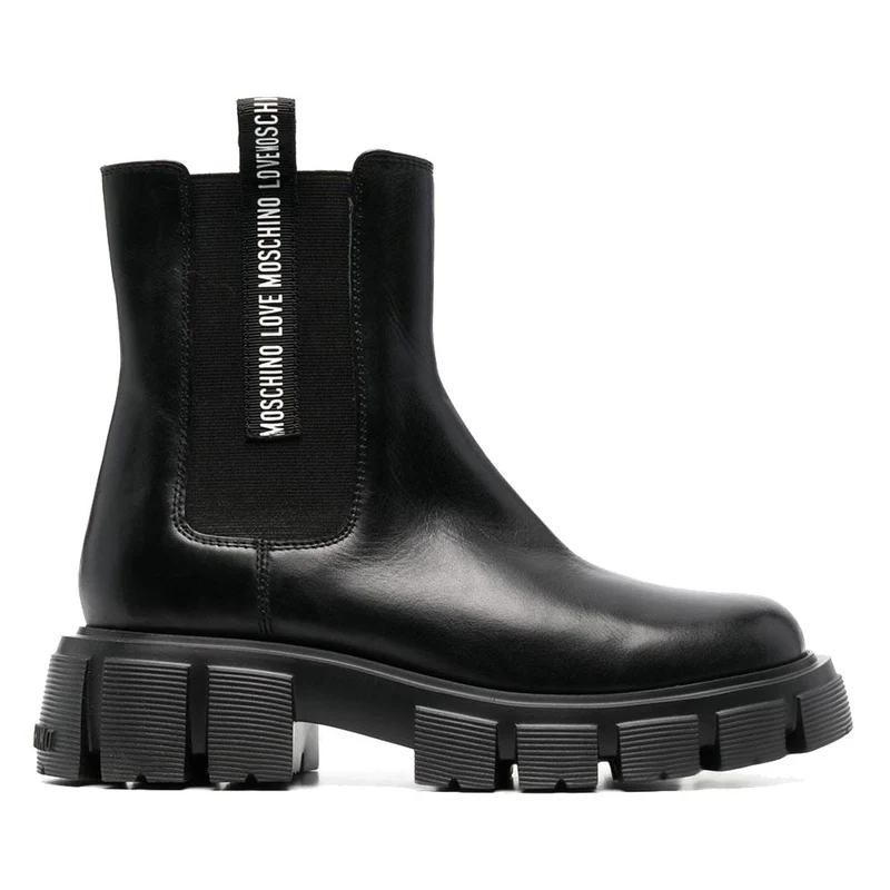 Scarpe Donna LOVE MOSCHINO Stivaletti Beatles in Pelle Nera con Nastro Logato