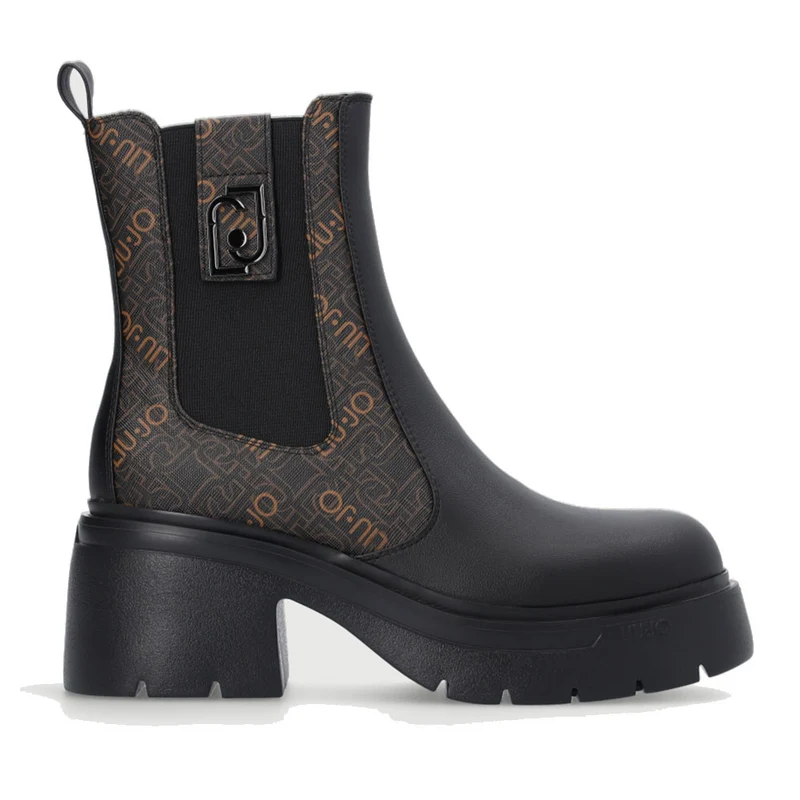 Scarpe Donna LIU JO Stivaletti Beatle con Tacco Carrie 01 Neri con Inserto Monogram Marrone