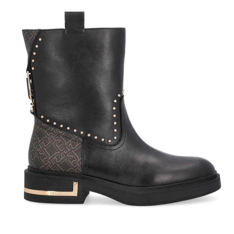Scarpe Donna LIU JO Stivaletti Biker Gabrielle 04 Neri con Inserto Monogram Marrone