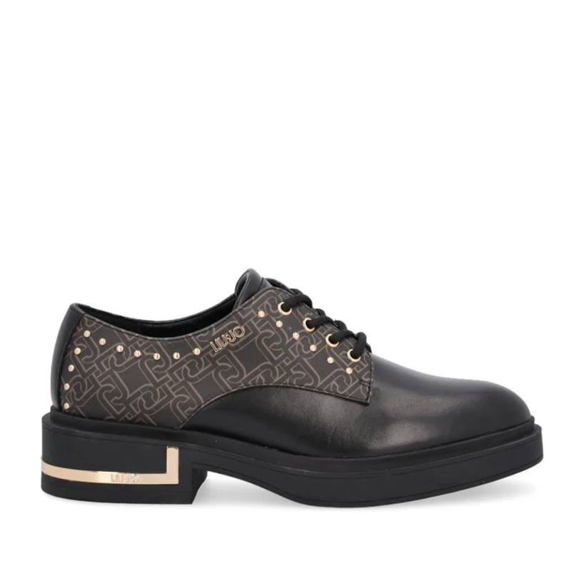 Scarpe Donna LIU JO Francesina Gabrielle 06 in Pelle Nera e Inserti Monogram Marroni