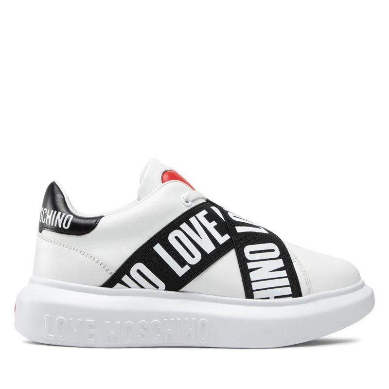 Scarpe Donna LOVE MOSCHINO Sneakers in Pelle con Elastico Logato colore Bianco e Nero JA15264