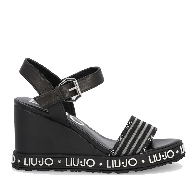 Scarpe Donna LIU JO Sandali in Pelle con Fascia in Gros Grain con Zeppa Nero e Bianco