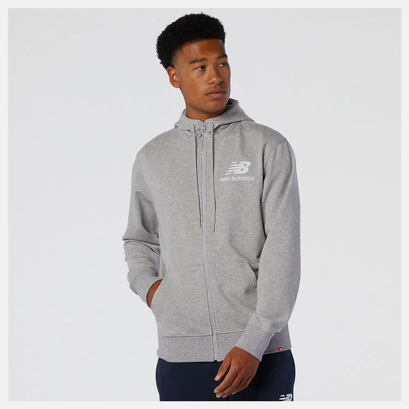 Felpa Uomo con Cappuccio NEW BALANCE linea Essentials Stacked Full Zip colore Athletic Grey