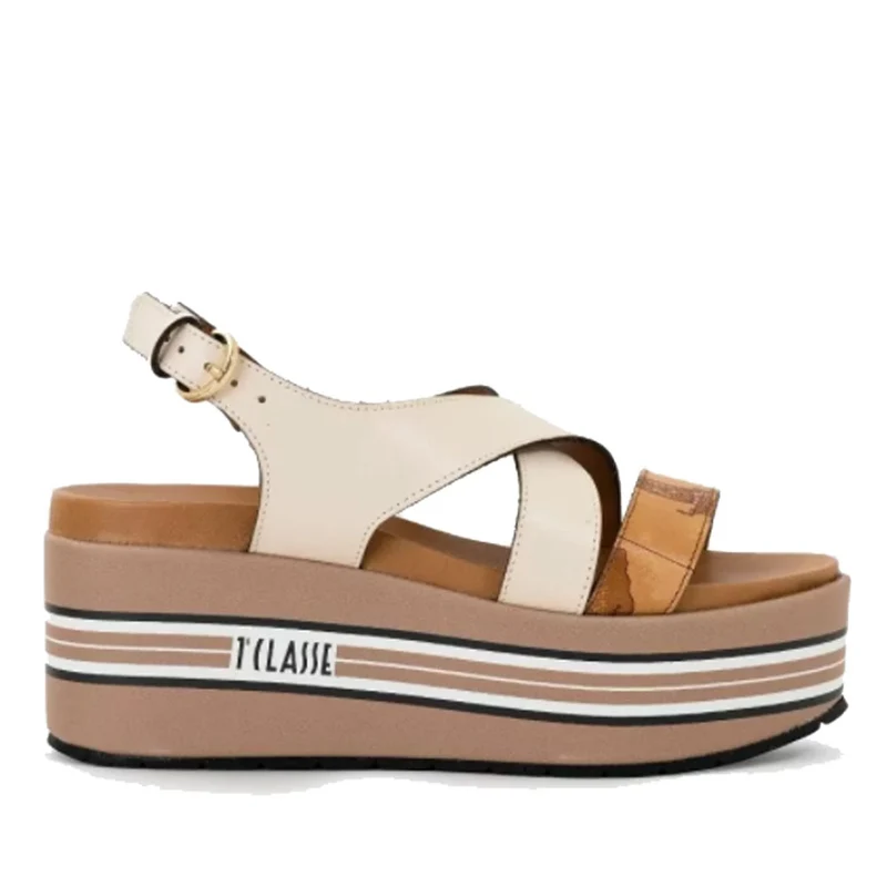 Scarpe Donna 1A Classe Alviero Martini Sandali con Zeppa in Pelle Bianca con Dettagli Geo Classic 0191