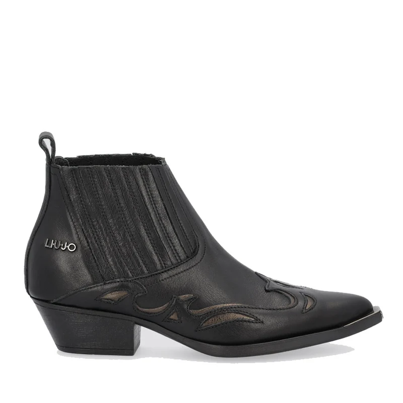 Scarpe Donna LIU JO Stivaletti Texani in Pelle Nera e dettagli Grigio Metallizzato