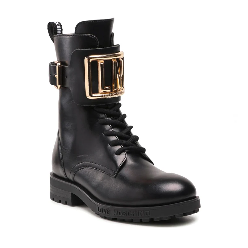 Scarpe Donna LOVE MOSCHINO Anfibi in Pelle Nera con Logo LM Oro