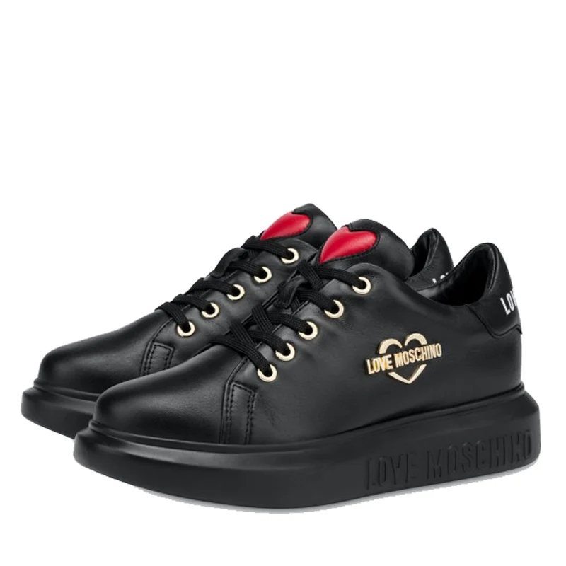 Scarpe Donna LOVE MOSCHINO Sneakers linea Gold Metal Logo in Pelle Nera