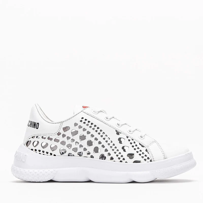 Scarpe Donna LOVE MOSCHINO Sneakers in Pelle Bianca Traforata a Forma di Cuore