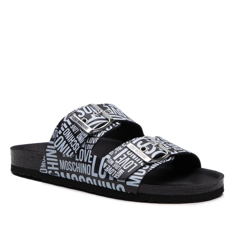 Ciabatte Donna LOVE MOSCHINO in Pelle Nera con Logo Bianco