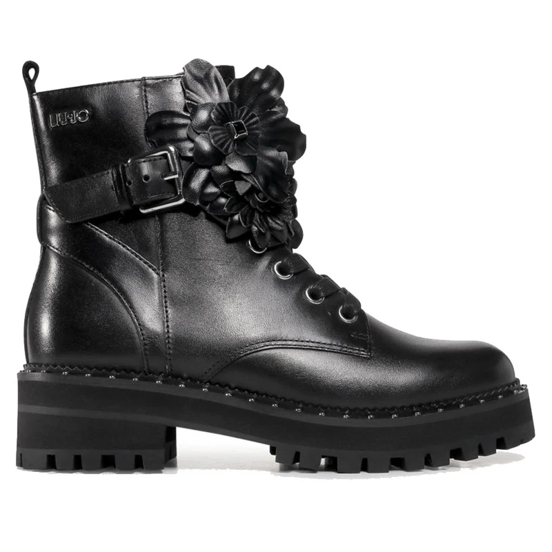 Scarpe Donna LIU JO Stivaletti Anfibi in Pelle Nera con Fiore