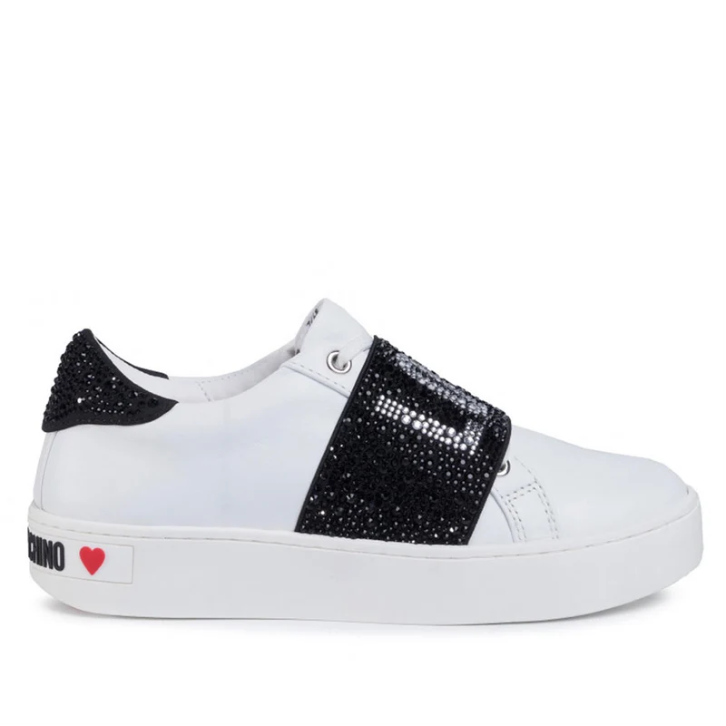 Scarpe Donna LOVE MOSCHINO Sneakers in Pelle Bianca con Fascia Logata con Strass
